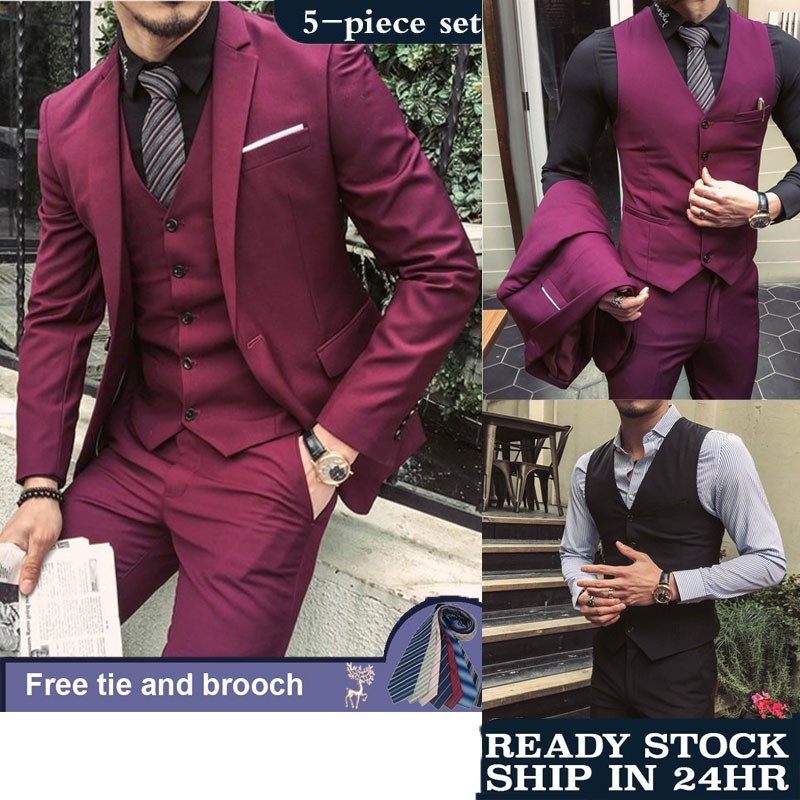 Jas Pria Tebal Melar Burgundy Jas Pria Jas Pengantin Pria Ramping Fit 3 Potong Tuxedo Prom Setelan J