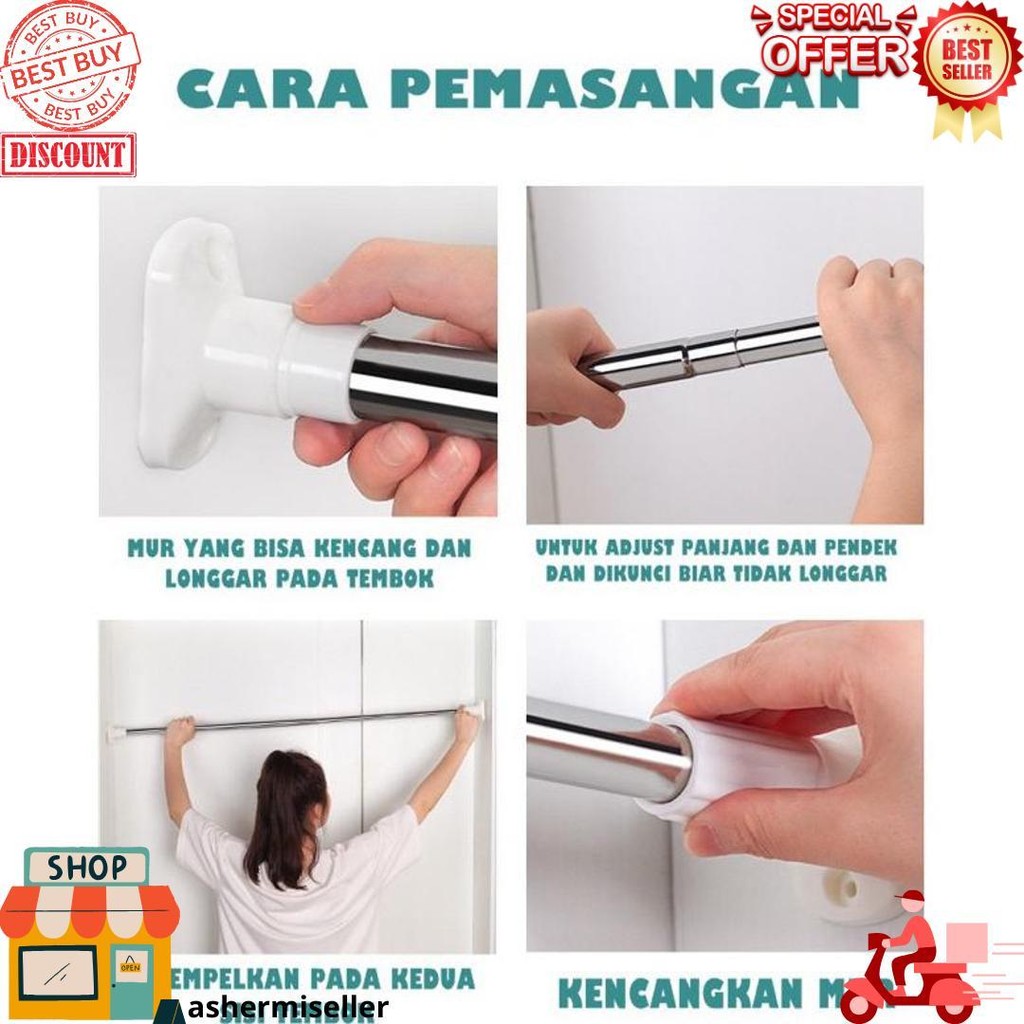 Tiang Pipa Tongkat Stainlist Fleksibel 50Cm-420Cm Tanpa Paku /Tiang Horden Gorden Gordeng Hordeng Pi