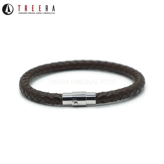 ori - gelang kulit pria anyam coklat 1 layer magnet premium