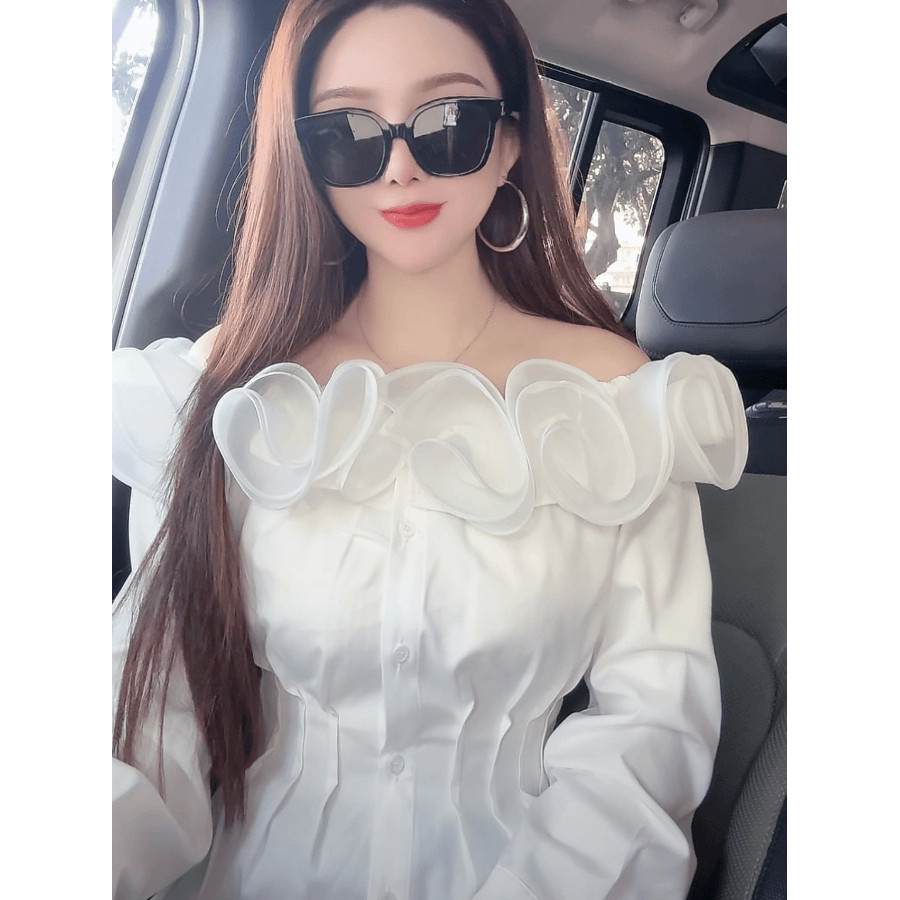 Baju Lengan Panjang Bahu Terbuka, Baju Kasual Berkerut