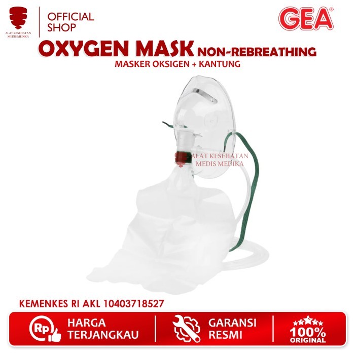 Masker Oksigen Non Rebreathing GEA Oxygen Mask Bayi Anak Dewasa Selang