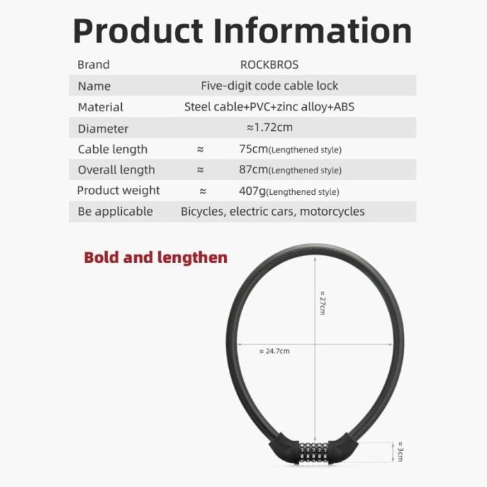 Gembok Sepeda Rockbros Rks870 Kunci Kombinasi Bike Lock Chain 5 Digit
