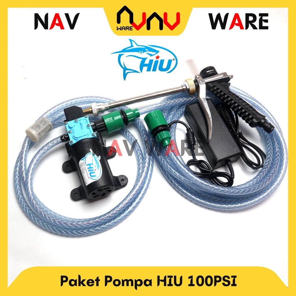 Paket Lengkap HIU 100psi Pompa Air DC 12V Selang OUT Quick Release Alat Cuci Motor Mobil High