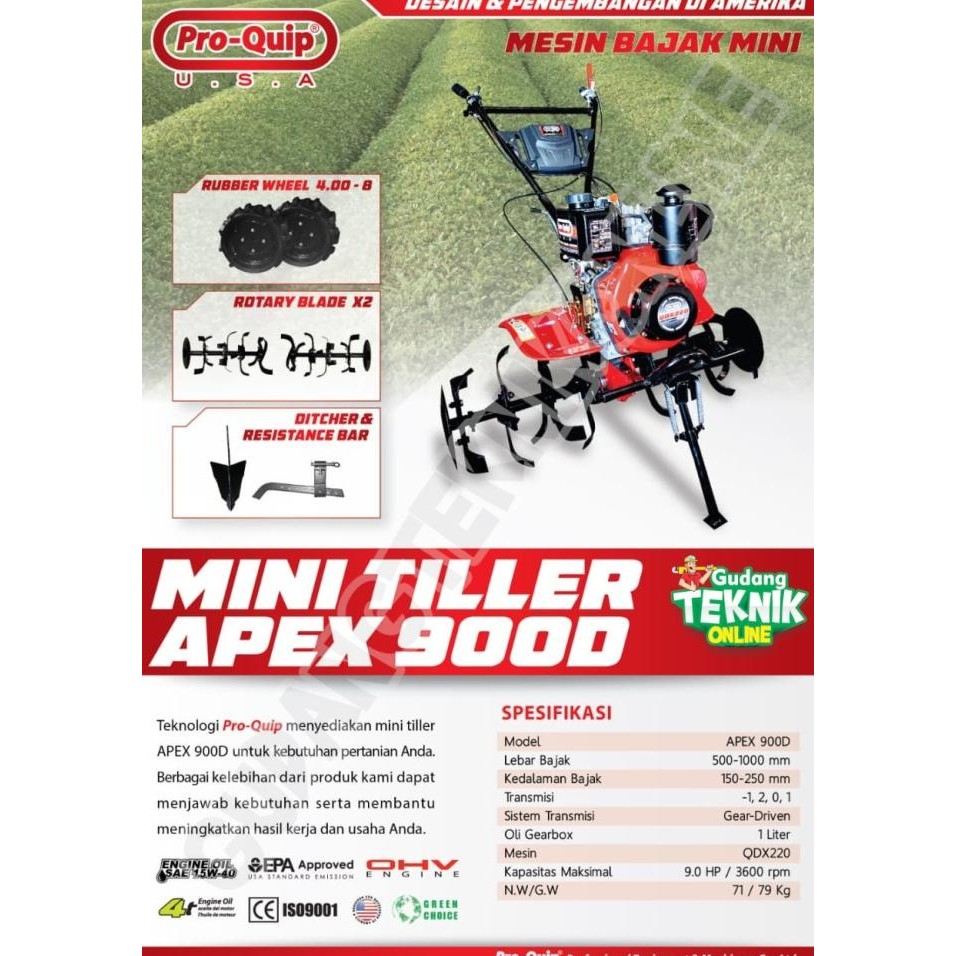 MESIN TRAKTOR MINI PROQUIP APEX900D DIESEL SOLAR / MESIN CULTIVATOR BAJAK SAWAH KEBUN LADANG BASAH K