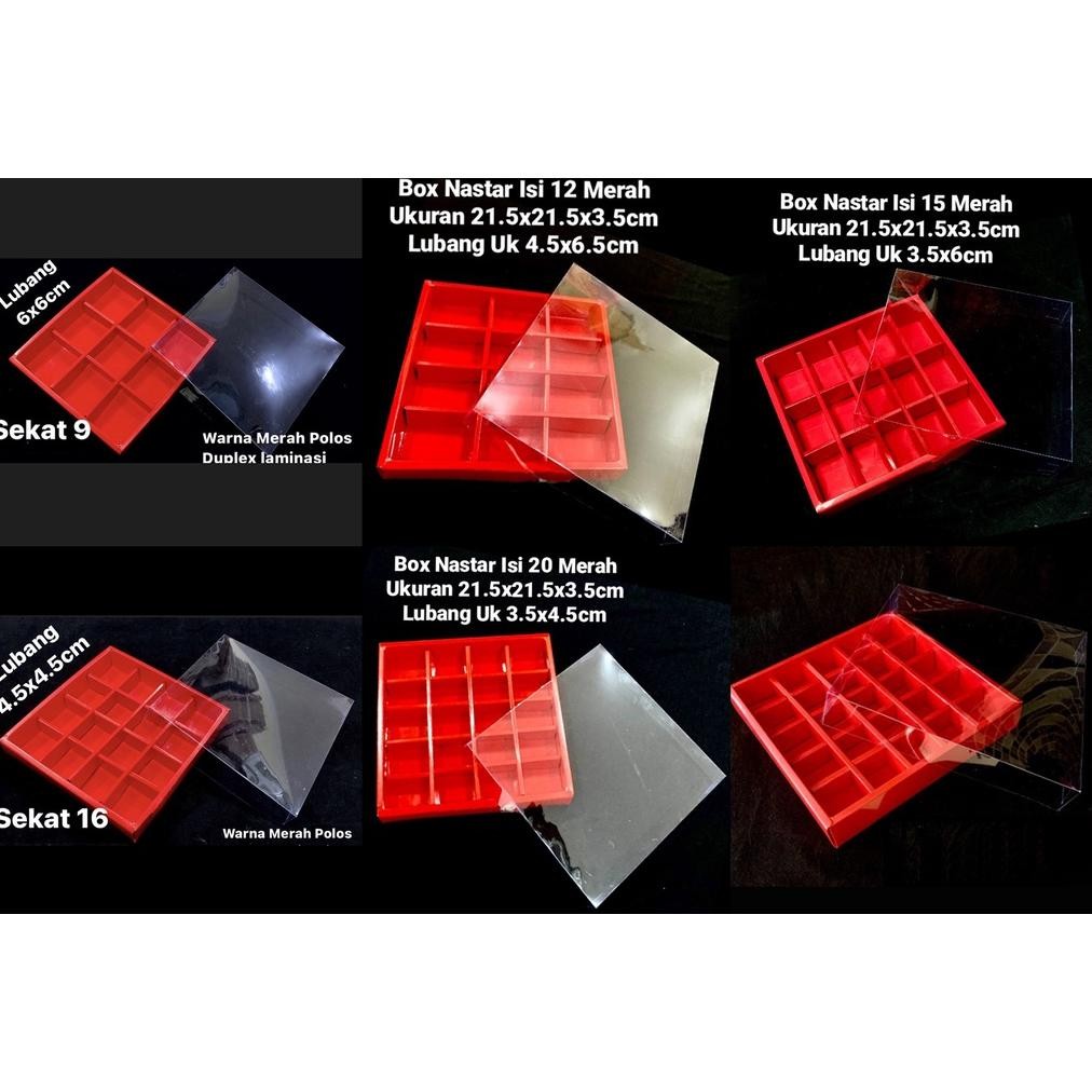 

BR - ( 5pcs ) Box Nastar Sekat warna Merah tutup Mika ukuran 21.5x21.5x3.5 cm Dus Packaging Hampers Natal Imlek TERLARIS
