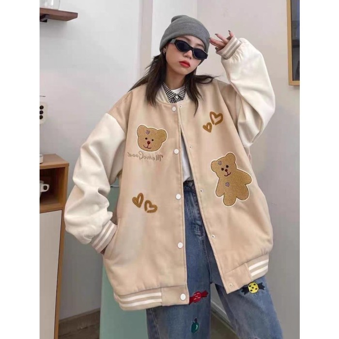 Murah Ph Meme Good Bear Heart Varsity Jacket Sweater Wanita Mewah Oversize Non COD
