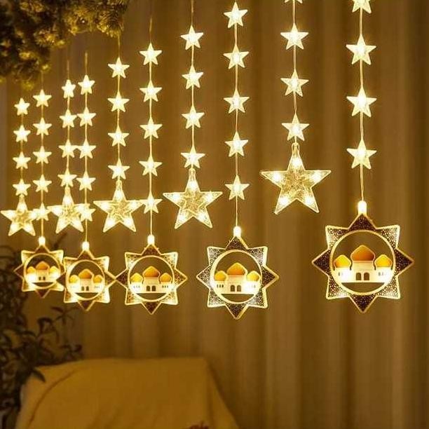 thom 3 meter lampu tirai bentuk bintang masjid dekorasi ramadhan / lampu tirai menggantung