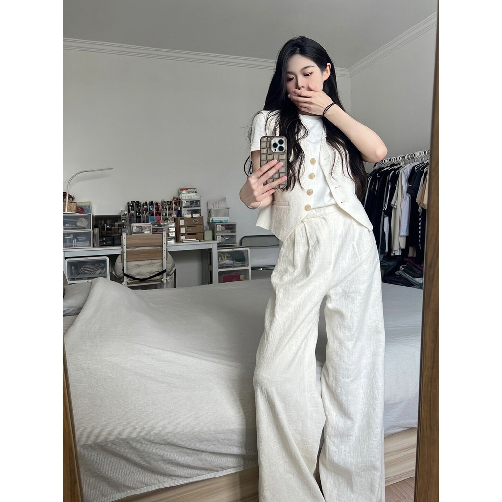 Crunchy Brulee Setelan Prancis untuk wanita, rompi setelan leher-V, kaos lengan pendek putih, celana