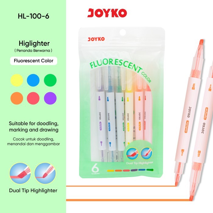 

Joyko Highlighter Dual Tip Neon Colours / Penanda Joyko Warna Neon Dua Sisi Hl-100-6
