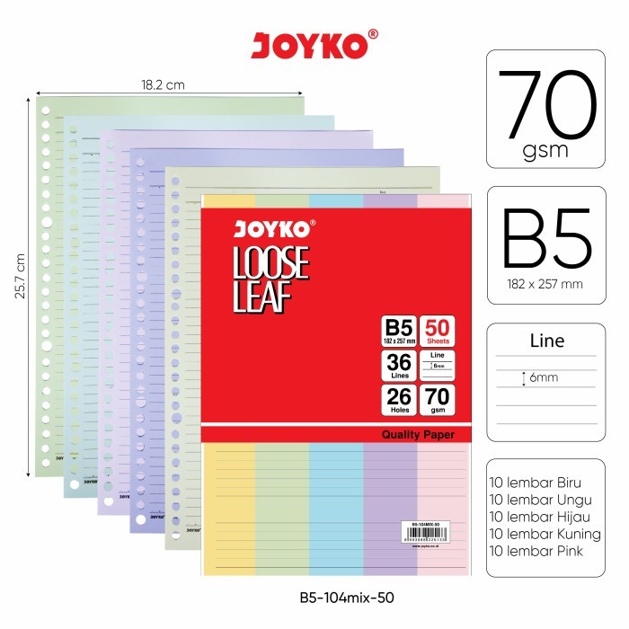 

Joyko Loose Leaf A5 B5 Colour / Isi Kertas Binder A5 B5 Joyko Warna