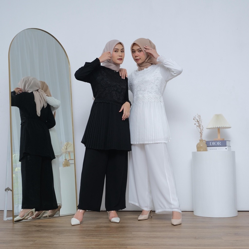 Blus KHANSA Plisket Brukat Lengan Panjang Hitam Putih Blus Chiffon Wanita Premium Blus Muslim Brukat