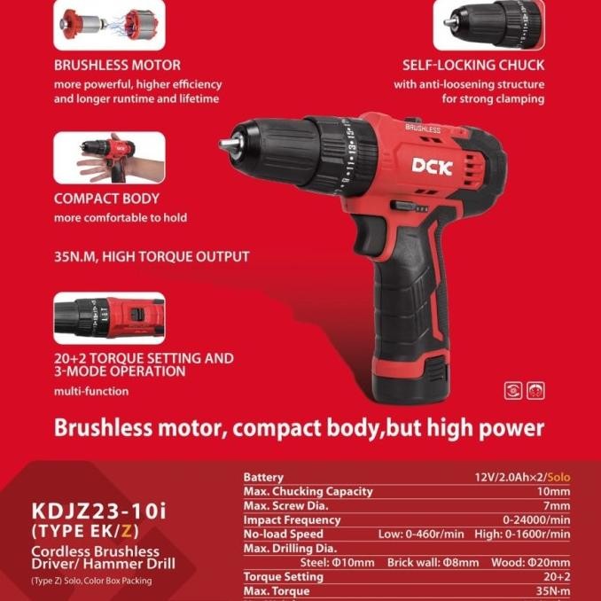 Brushless Hammer Drill Bor tembok baterai DCK-KDJZ23-10iEK 12V