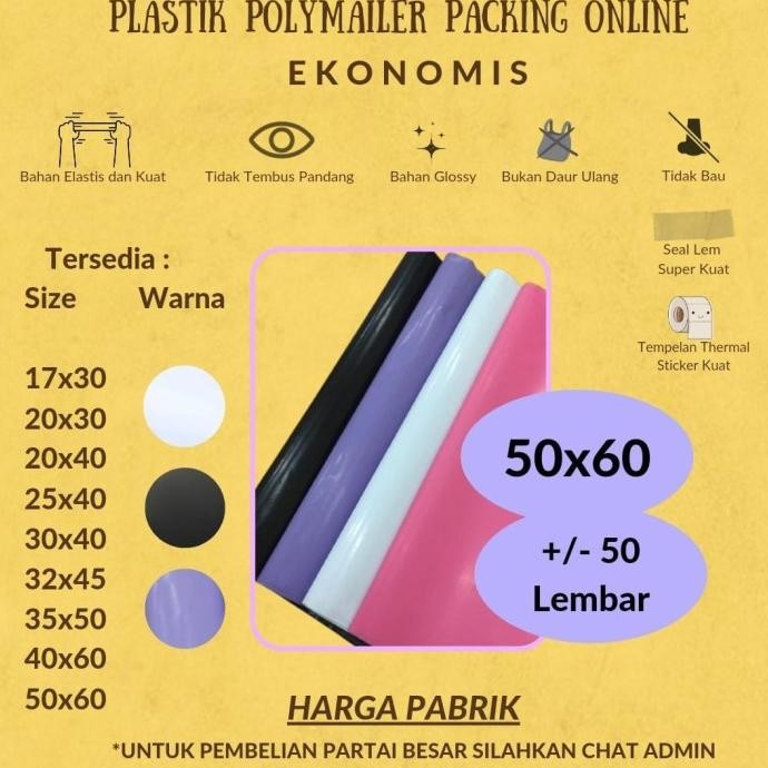 

Promo Polymailer Putih 50x60 Amplop Plastik Packing Hitam 50 lbr Glossy COD
