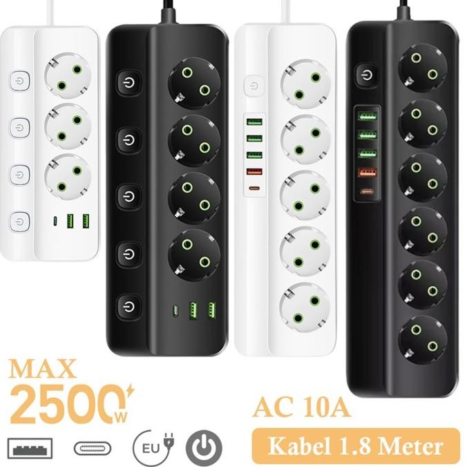 ori - stop kontak kabel usb type c terminal listrik switch power socket strip 10a fast charger 2 3 4