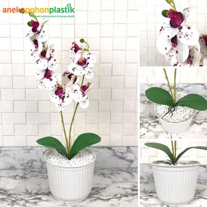 Terlaris Bunga Hias Anggrek Bulan X2 Latex Artificial Pot Plastik Dekorasi Meja Ready Stok