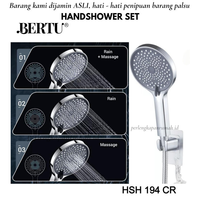 Handshower Set Shower Mandi Paket Hand Shower Plastik Abs Selang Stainless 3 Mode Spray Rain Bertu