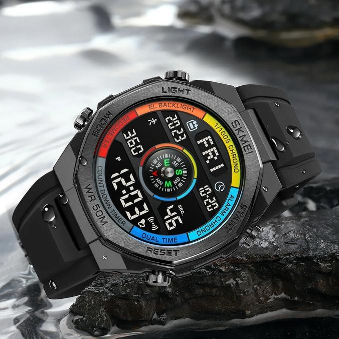 Jam tangan pria digital Skmei 2209 Kompas Tali Karet Rubber Anti Air