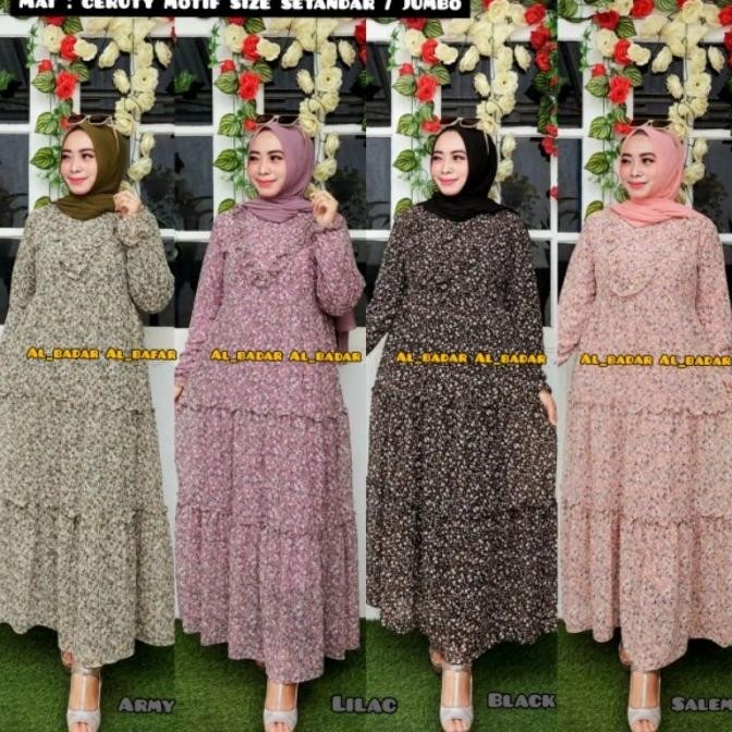 NEW gamis mira ceruty bunga kecil rempel hitam lilac army salem Terlaris