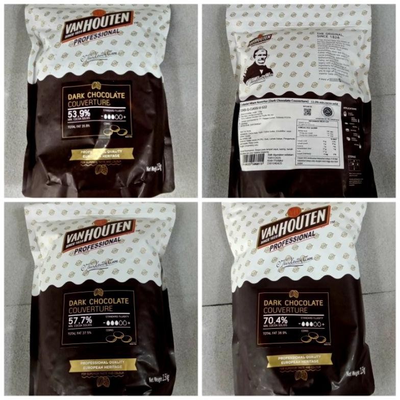 

COKLAT COVERTURE DARK KEMASAN 250 GRAM COKLAT COIN VANHOUTEN (53%,57%,70 %)