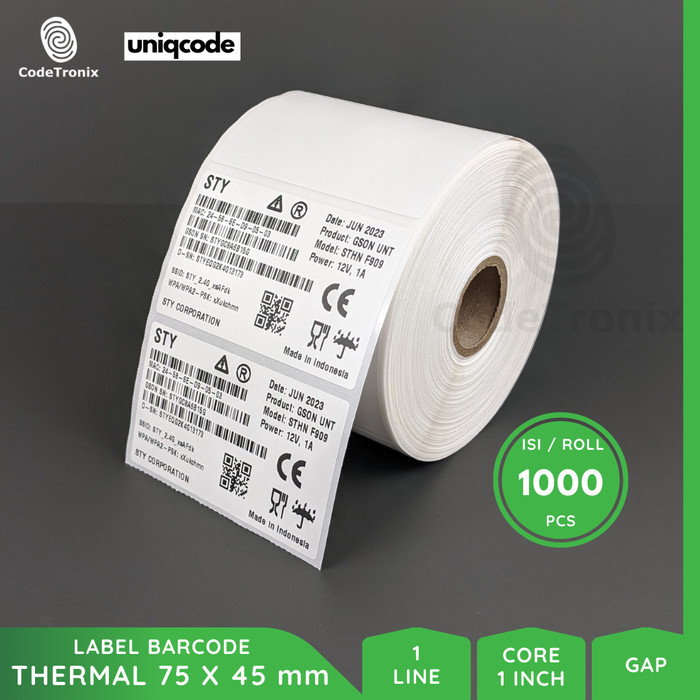 Ready Stok - Label Stiker Kertas Barcode Uniqcode Thermal 75X45Mm 1 Line 1000Pcs