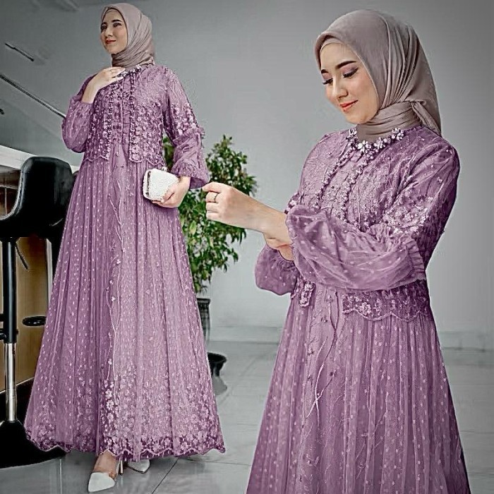 Gamis Felika Pesta Dress Brukat Tile Dot Ld 90 100 110 120 130 Jumbo Hijau Sage Ps