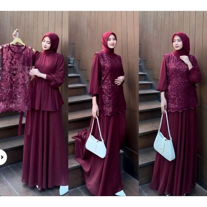 NEW DEALS Cintya set brukat gamis wanita bahan ceruty babydoll gamis wanita muslimah dress pesta