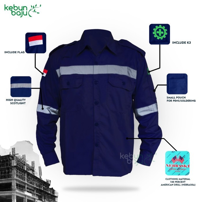 kemeja Safety lengan panjang US.Drill wearpack kemeja Proyek Biru Navy