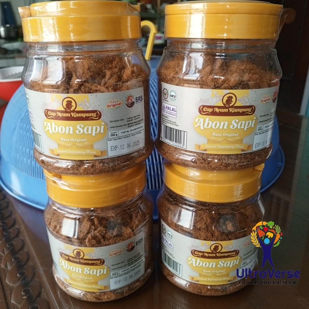 

Abon Sapi cap Ayam Kampung toples 200 gr HALAL Abon Sapi Enak Pum