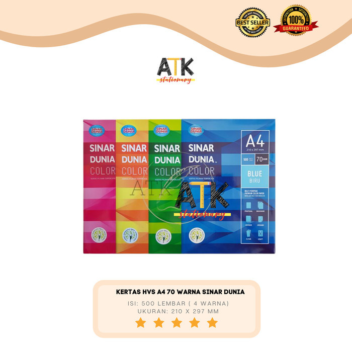 

Kertas fotocopy HVS A4 Warna 70 Gram Sinar dunia atk
