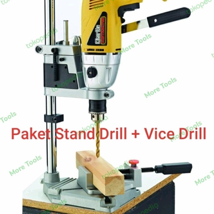 Paket Stand Drill Mesin Bor Tangan Alumunium Base + Vice Drill Clamp