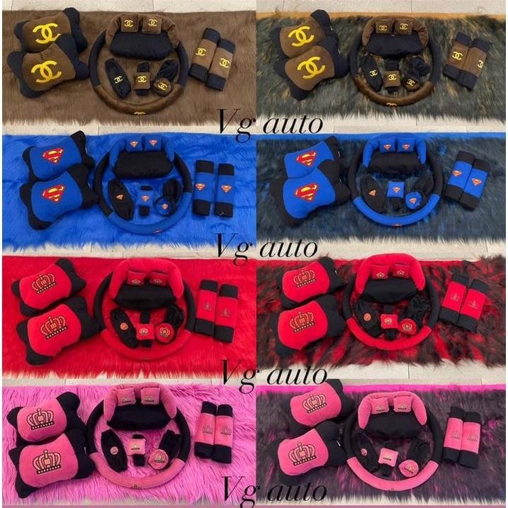 Paket Aksesoris Interior Mobil Bulu Dashboard + Bantal Jok Full Set 9In1 Komplit Sarung Setir Stir M