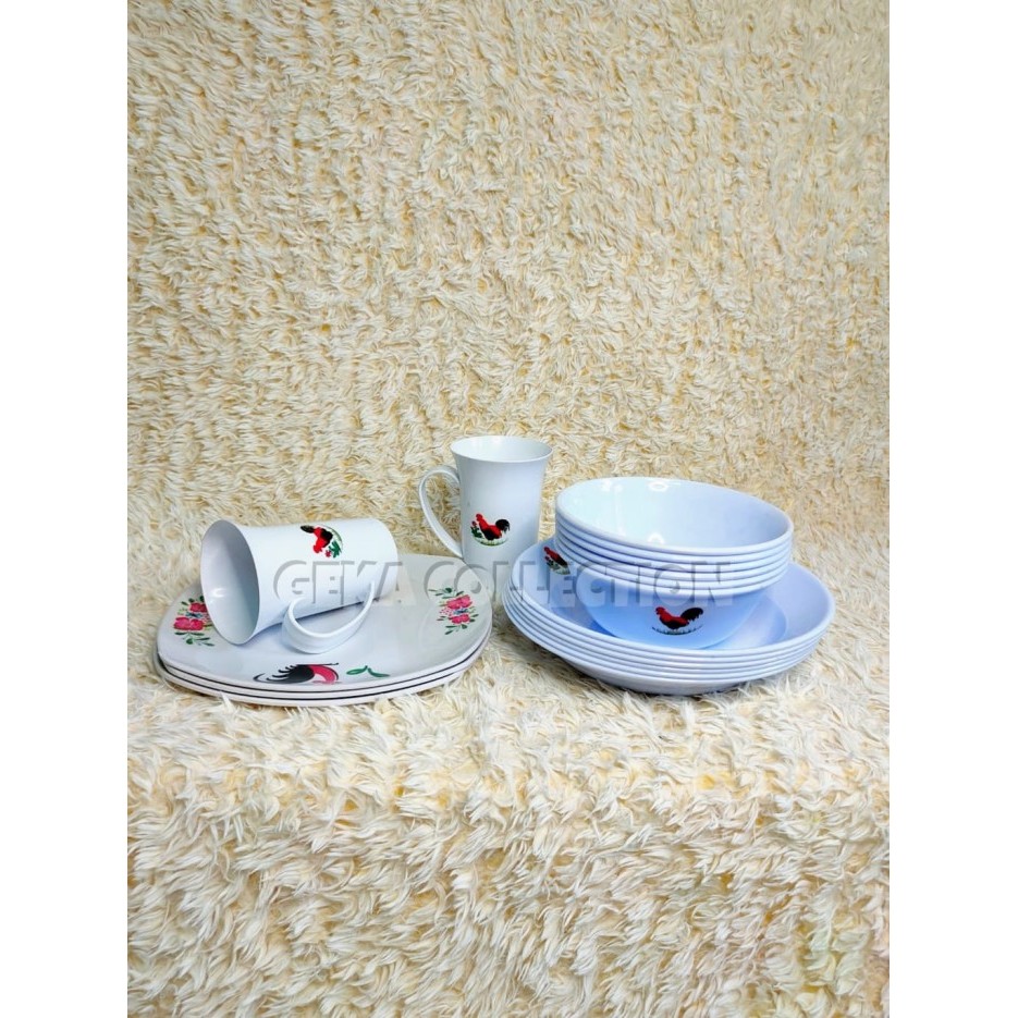 TERLARIS SATU SET PIRING + GELAS + MANGKOK BAHAN MELAMIN MOTIF AYAM JAGO CANTIK