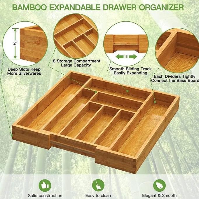 Tray Laci Penyimpanan Peralatan Makan Sendok Garpu Spatula Cutlery Organizer Kitchen Set Bahan Bambu