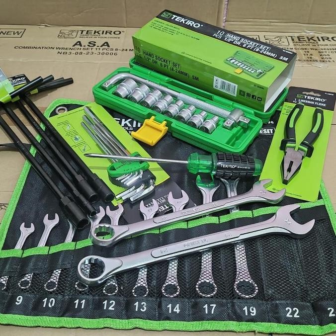 PROMO  TEKIRO Paket Bengkel lengkap 6Set Box Kunci Sok+Kunci Ring Pas+Kunci L+Obeng+Tang+Kunci T / A