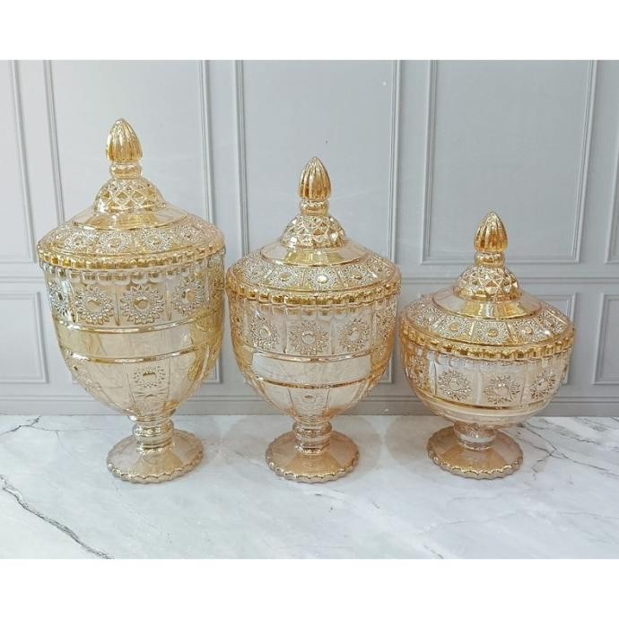 (VI)Toples Kue Lebaran / Toples Kue Kering / Tople Kaca Gold 1 set 3 Pcs