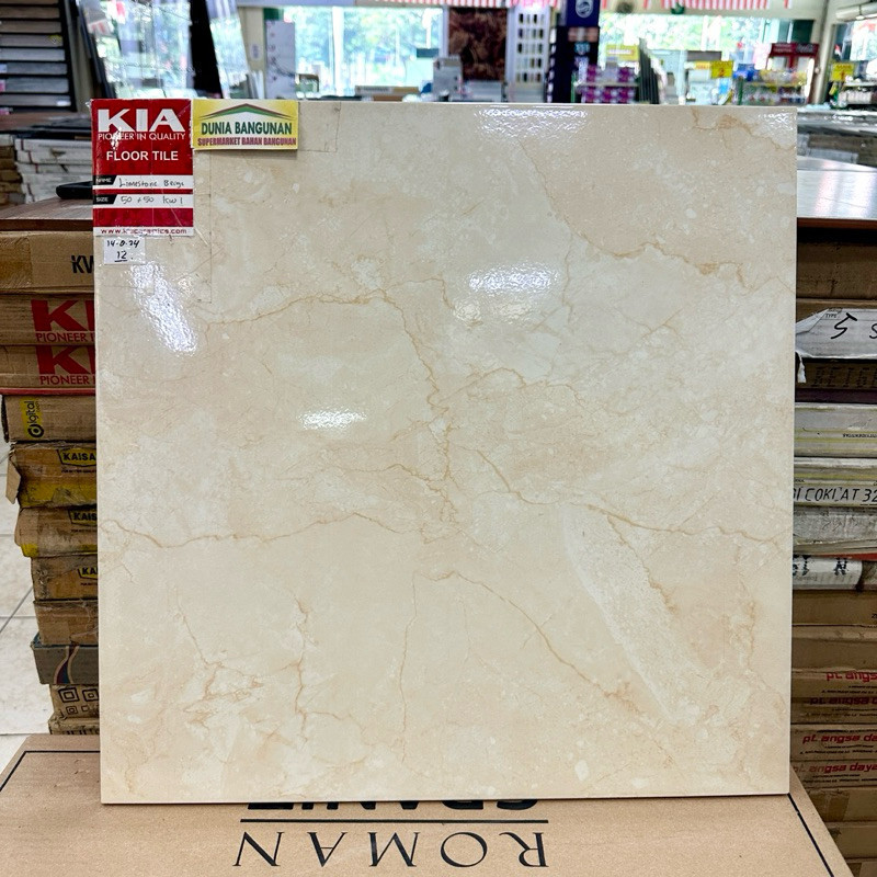 Keramik 50x50 KIA Limestone Beige Keramik Lantai Glossy / Keramik Lantai Ruang Tamu/ Keramik Cream M