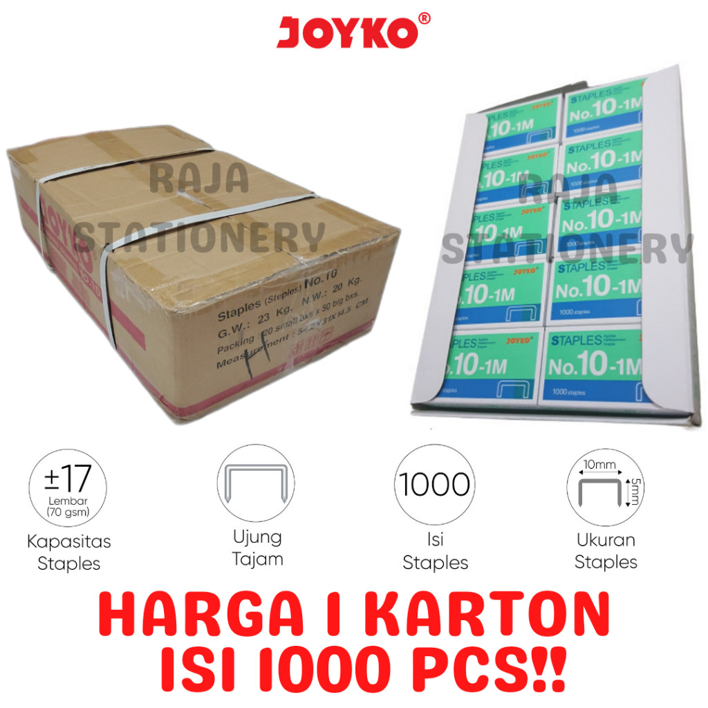 

STAPLES JOYKO NO.10 KECIL ISI HEKTER STAPLER STEPLER KECIL NO.10-1M KARTON BOX [1000PCS] RAJA BIG BOX