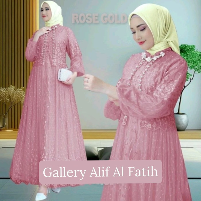 Gamis felika pesta dress brukat tile dot LD 90 100 110 120 130 jumbo navy dongker PS