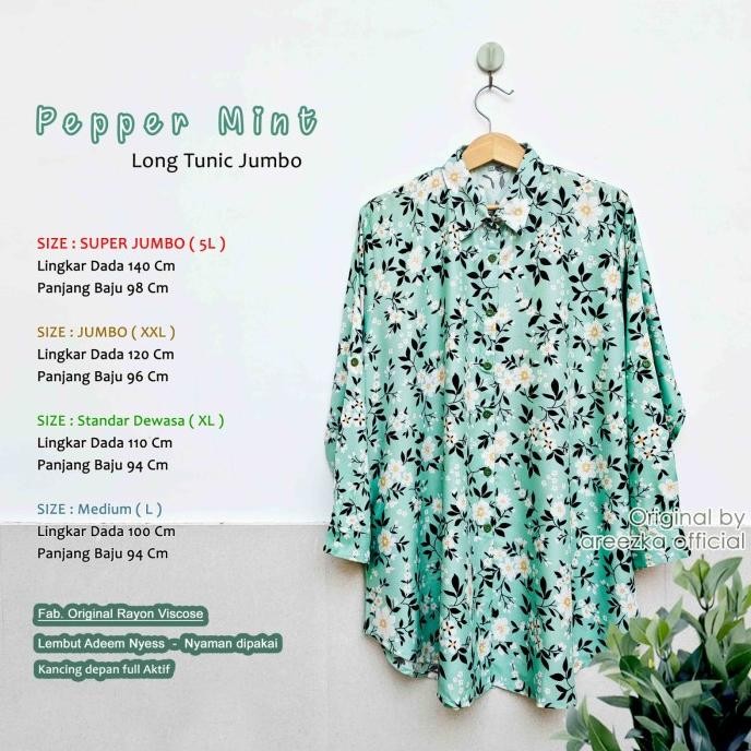 Sale Pepper Mint Kemeja Tunik Areezka Motif Rayon Viscose Premium Jumbo Adem Nyaman Ld 120 140