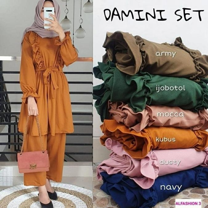 Promo Setelan Baju Tunik Celana Wanita Muslim Damini Bahan Moscrepe Size Xl