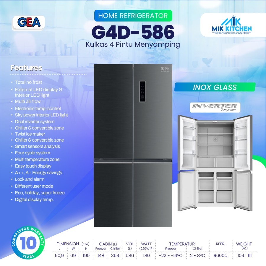 GEA Kulkas Rumah 4 Pintu BLACK INOX G4D-586 / G4D 586 / G4D586