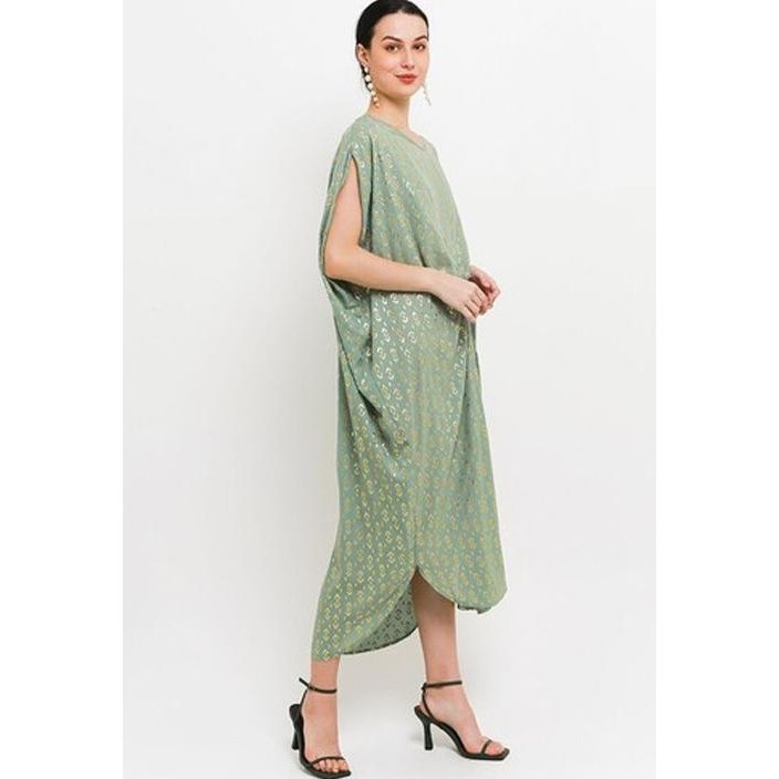 CHIC SIMPLE GOLD ETHNIC PRINT RUCHED KAFTAN