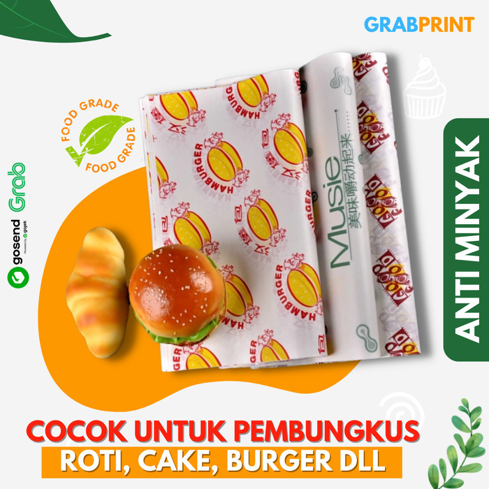 

Kertas Foodgrade Wrapping Custom Bungkus Burger Roti Makanan 24x27 cm