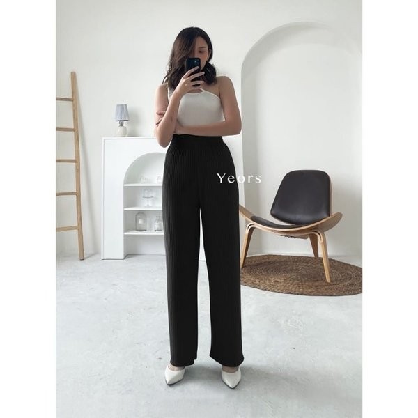 Celana Kulot Wanita Jumbo Panjang Bawahan Knit Pleated Pants Highwaist
