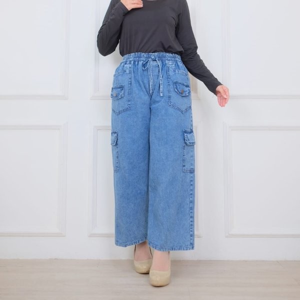 Kulot Jeans Cargo Wanita Jumbo / Kulot Jeans Boyfriend Jeans Pinggang Karet / Baggy Jeans Cargo