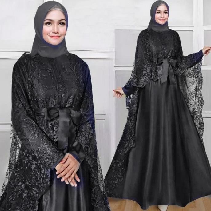 ARELINA hitam gamis pesta premium satin brokat tile ami ktf