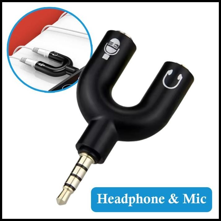U Splitter Audio + Mic Aux Jack 3.5mm 1 Male ke 2 Female Hp ke Headphone dan Microphone