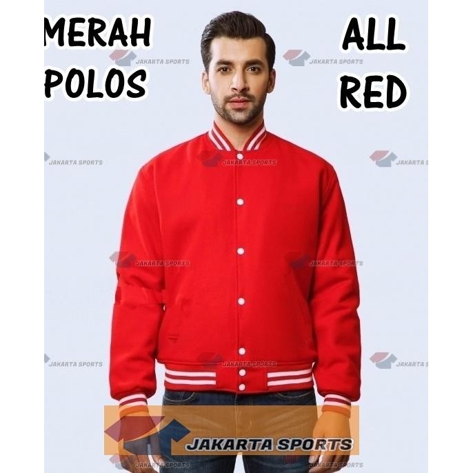 JAKET VARSITY MERAH POLOS BASEBALL PRIA WANITA MURAH BOMBER JACKET STOK TERBATAS