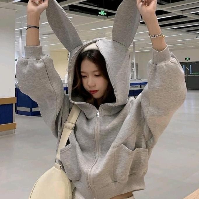 JAKET WANITA POLOS ABU JACKET HOODIE KUPING TELINGA RABBIT KELINCI STOK TERBATAS