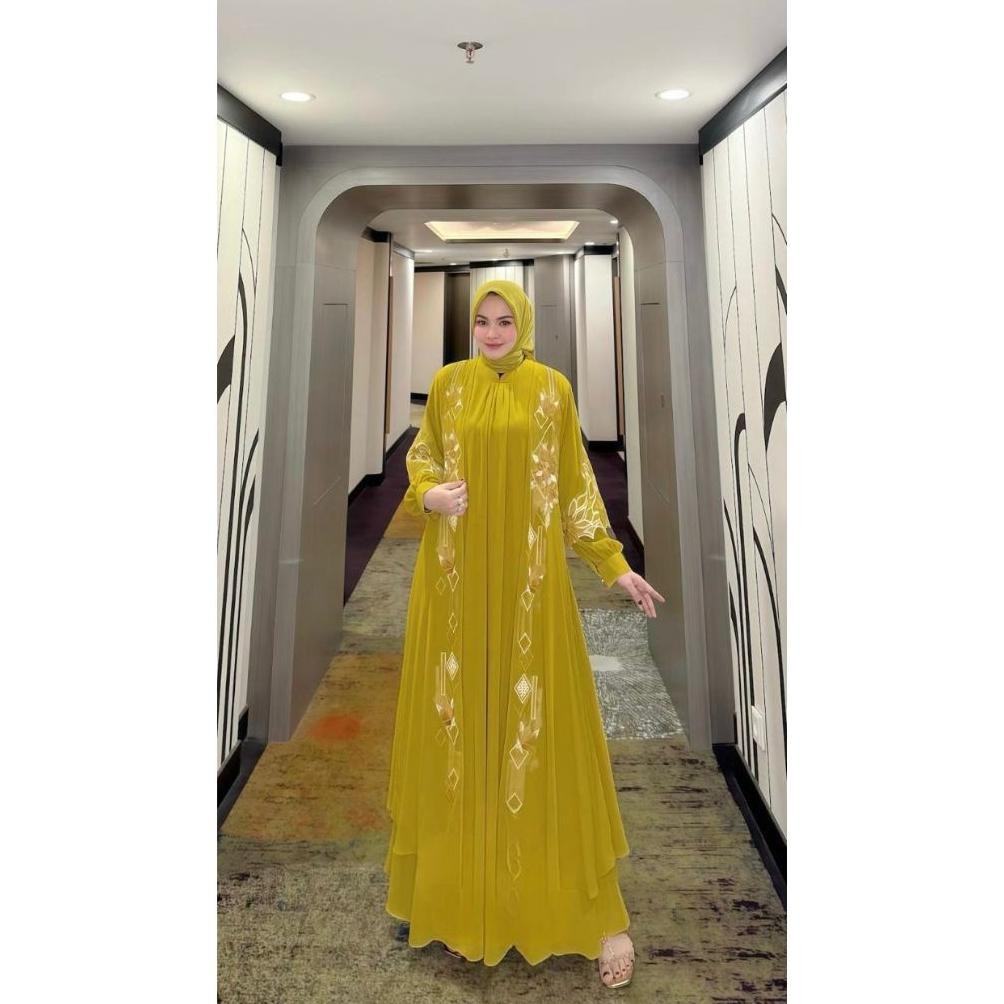HJK Dress Ootd Rabbani Lebaran Terbaru 2025 Gamis Outer Abaya Pesta Wanita Set Hijab Mewah Elegan Ke